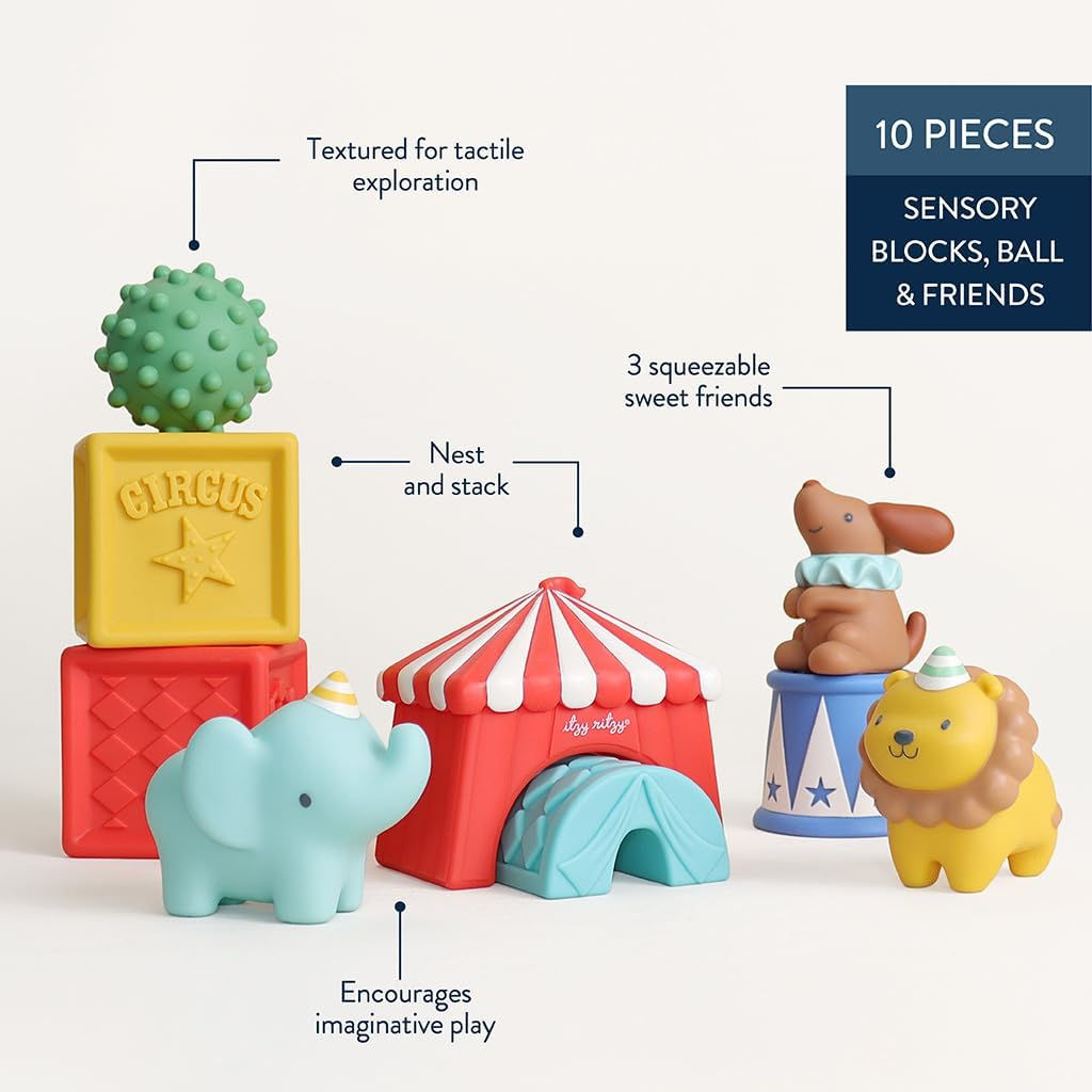 Itzy Ritzy Sensory Blocks Set, Baby Building Blocks 10-Piece (Circus)