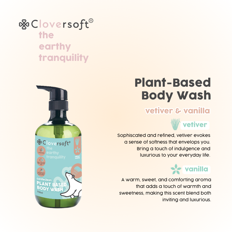 Thumbnail: [1 Bottle] Cloversoft Plant-Based Body Wash 750ml (Vetiver & Vanilla)
