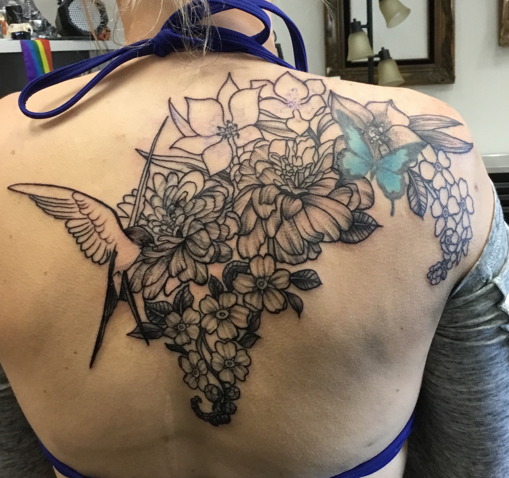 flowers and sparrow coverup
