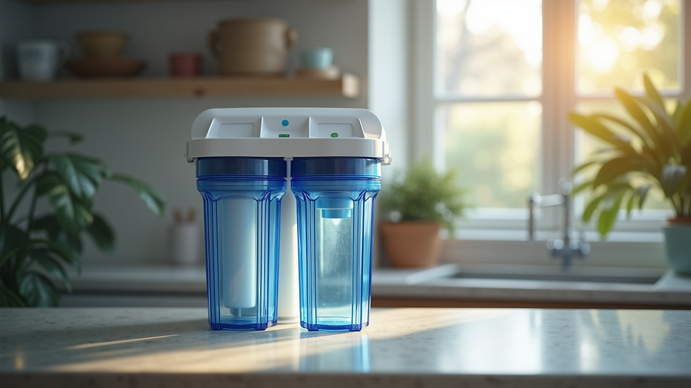 Close-up view of a reverse osmosis system installed under a kitchen sink