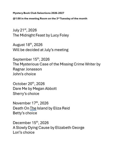 Mystery Book Club Selections 2026-2027