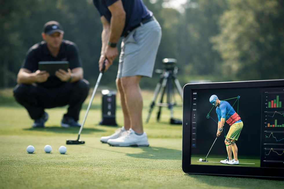 ゴルフのパッティングをする男性を分析する男性トレーナー