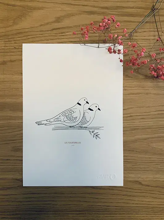 Miniature : Les Tourterelles par le lion et la plume. Une affiche d'oiseaux minimaliste et déco au format A4 en noir et blanc