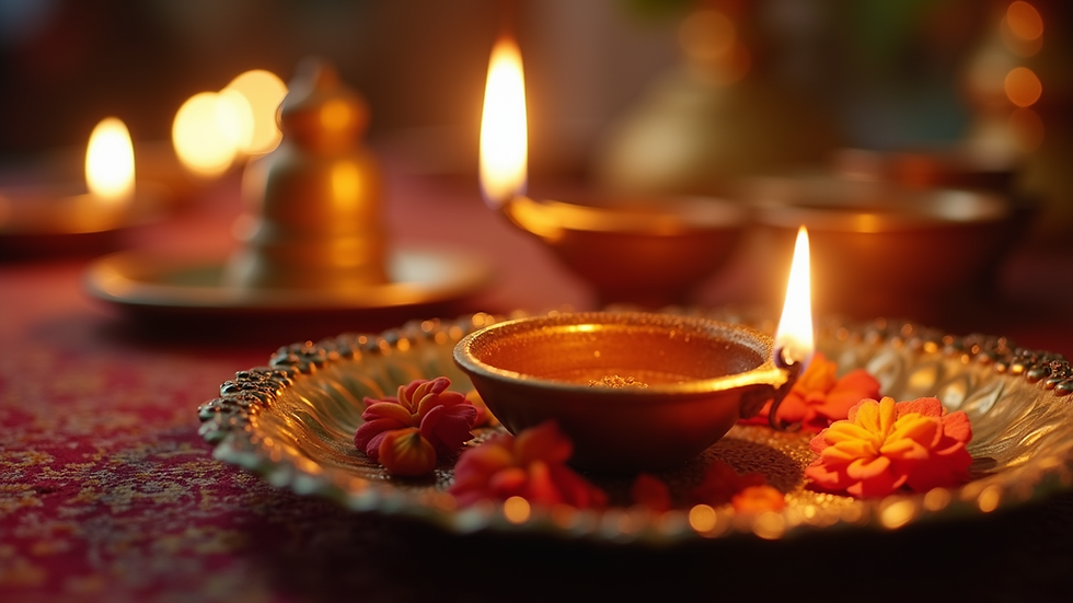 Close-up view of puja thali with diya, flowers, and sacred items