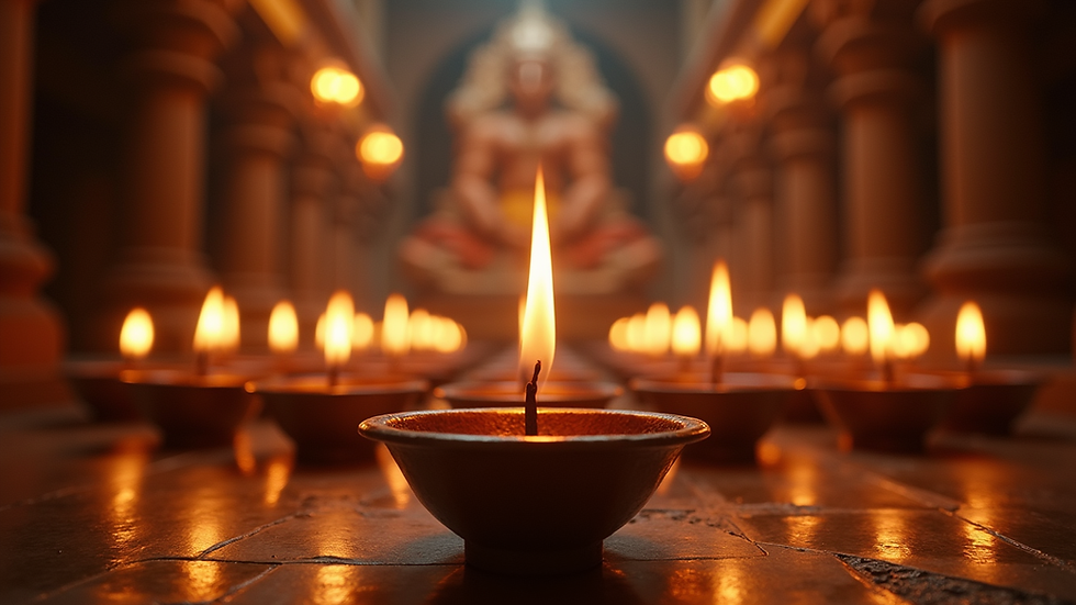 Eye-level view of a traditional Shiva temple altar with lit lamps