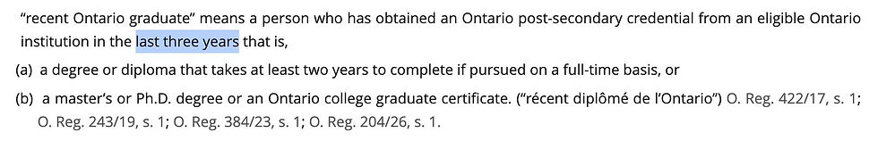 Ontario regulation excerpt showing the Recent Ontario Graduate three-year credential window