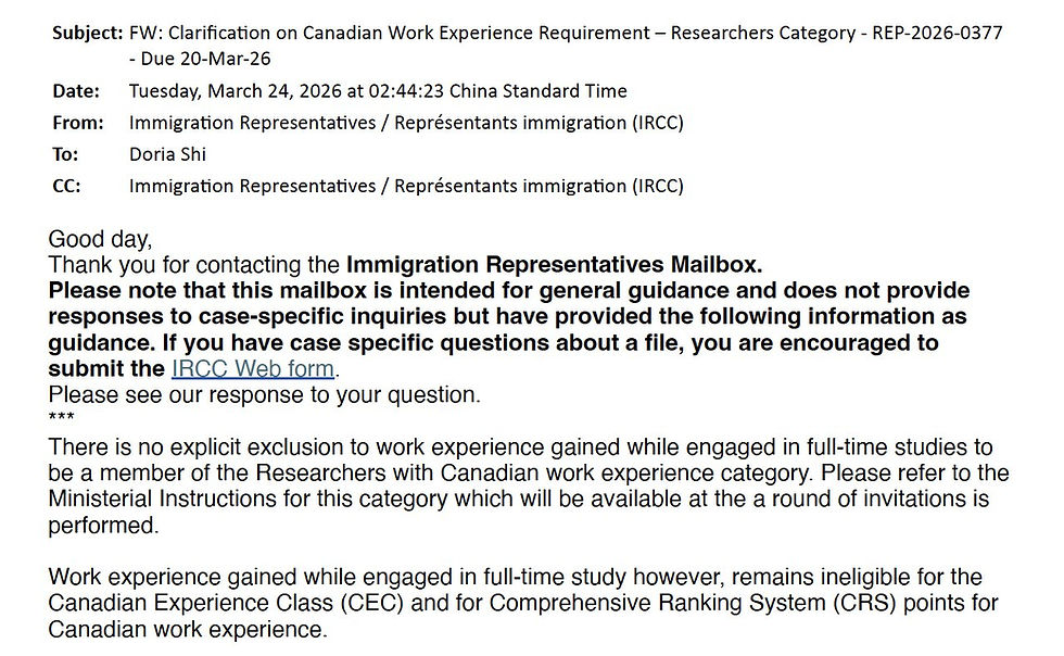 IRCC response on Researchers category work experience during full-time studies