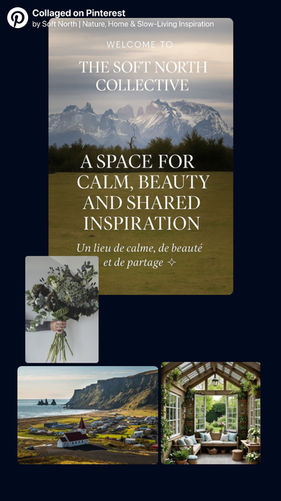Mood board collage representing calm interiors, nature, and slow living inspiration.