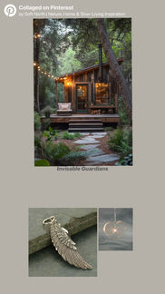 Mood board inspired by forest cabins, woodland paths, and warm lights surrounded by nature.