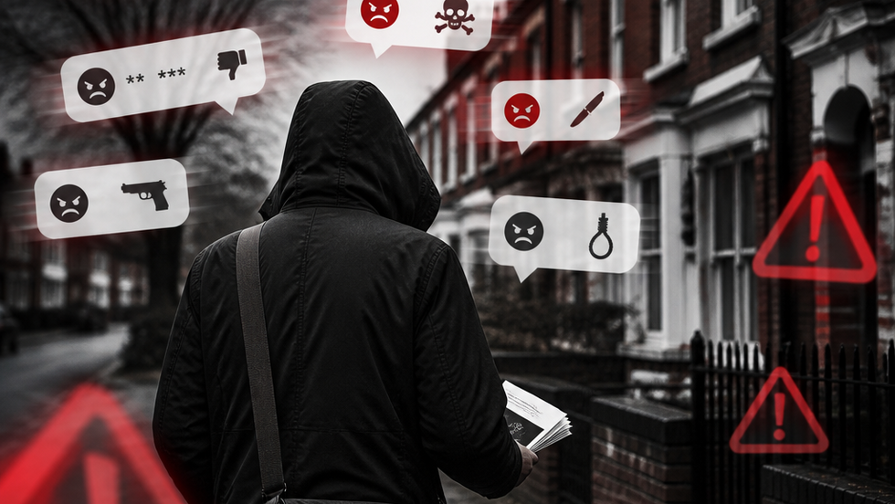 Illustrative image of an anonymous election candidate canvassing while facing hostile online messages, representing abuse and intimidation in politics.