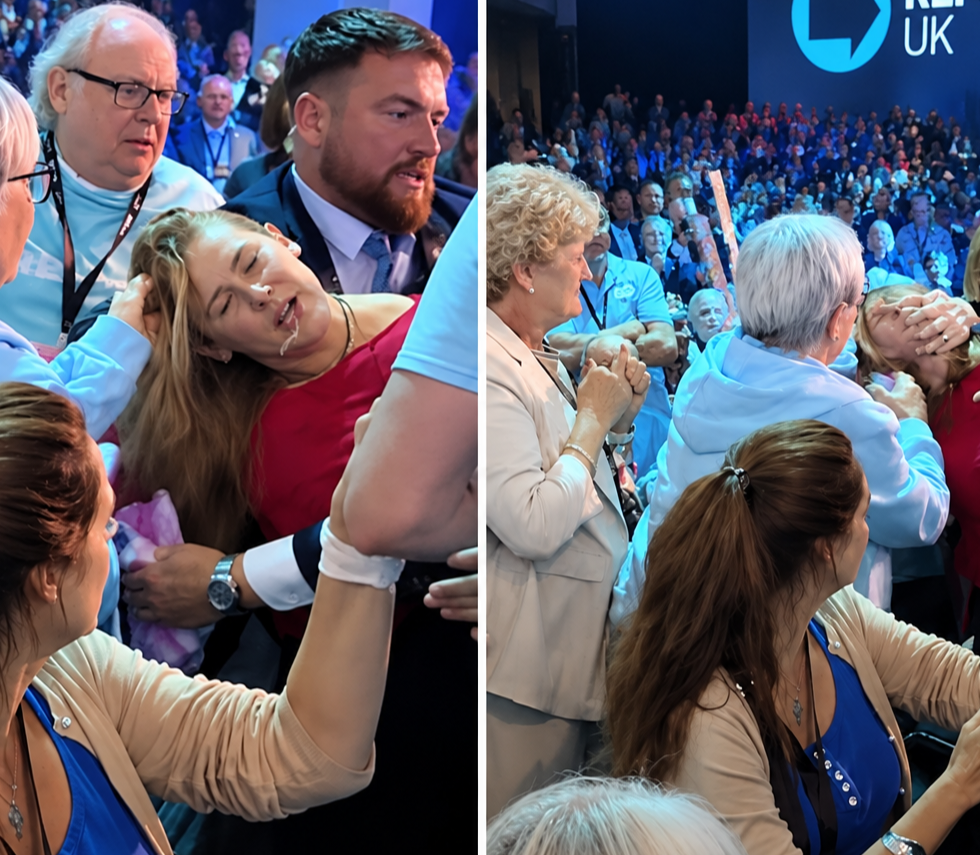 A protester surrounded by attendees during the Reform UK conference in Birmingham in September 2026