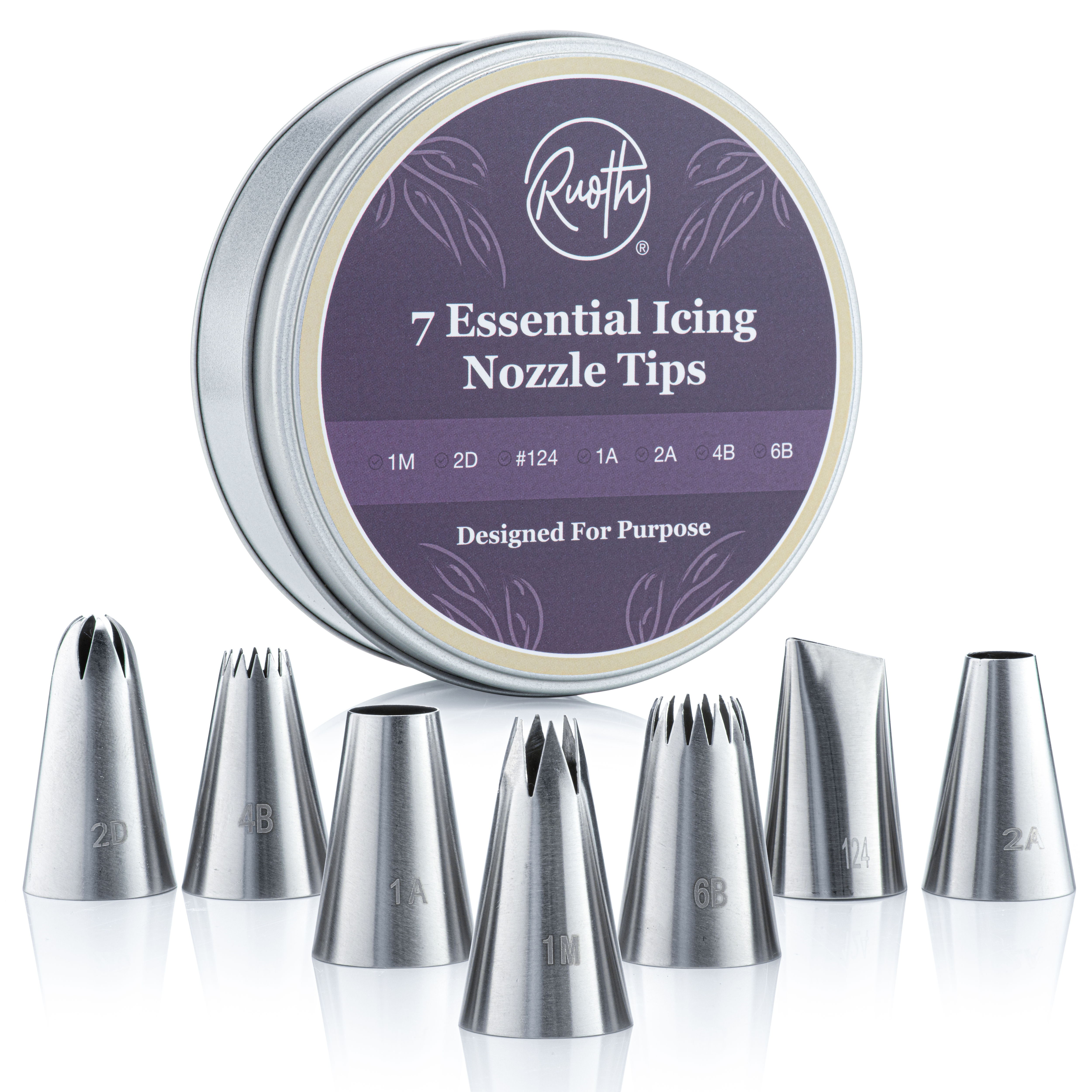 Ruoth 7 Essential Icing Piping Nozzle Set. 1M, 2D, 1A, 2A, 4B, 6B, and #124