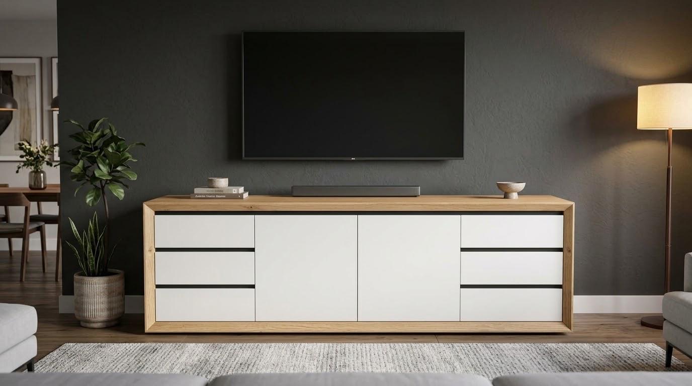 Eclectic White — TV units — Material: HPL+ Natural Oak — Veneer: Oak
