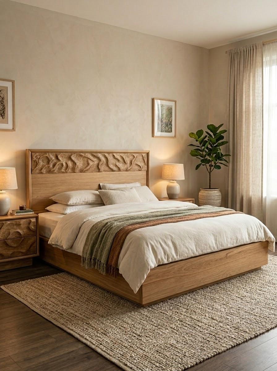 Dunes Single bed — Bed platform: Massive Beech wood — Headboard: Natural blockboard + Massive Beech "Hand carved Oyma" — 1