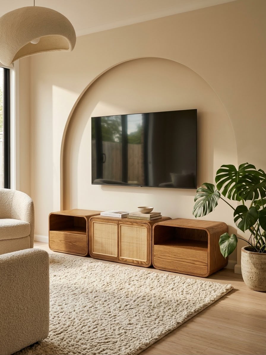 Lemari — TV units — Material: Massive Oak +Natural Blockboard + Natural Indonesian Rattan — Veneer: Natural Oak