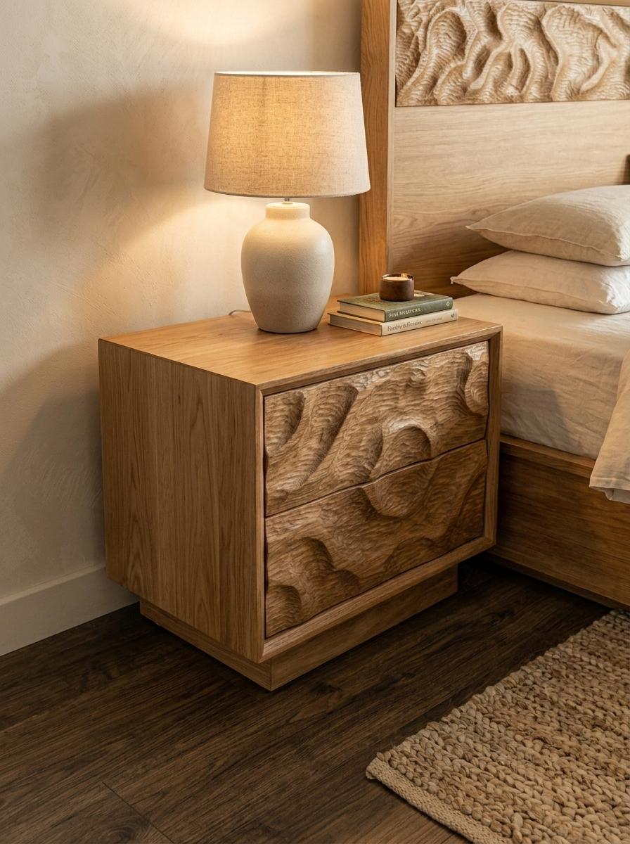 Dunes Single bed — Bed platform: Massive Beech wood — Headboard: Natural blockboard + Massive Beech "Hand carved Oyma" — 2