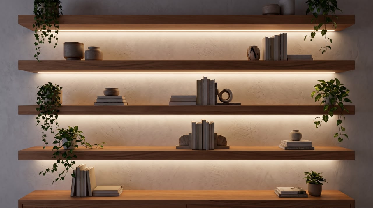رف — Clean cut wooden shelves — الخامة: خشب صنوبر — القشرة: زان أو أرو وفق اختيارك