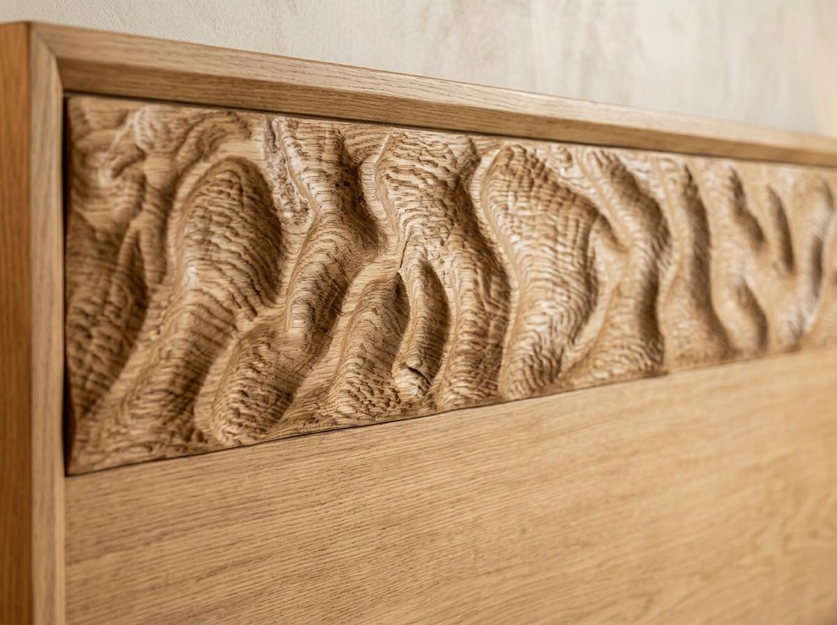 Dunes Single bed — Bed platform: Massive Beech wood — Headboard: Natural blockboard + Massive Beech "Hand carved Oyma" — 3