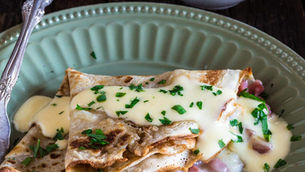 Ham & Cheese Crepes with Smoked Gouda Béchamel