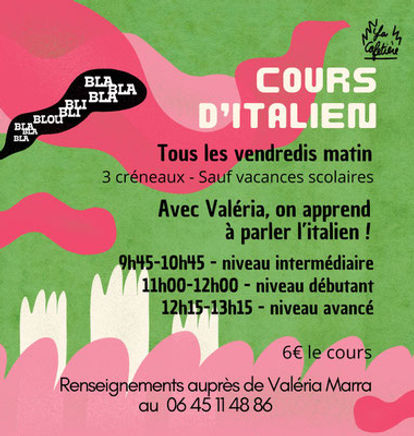 le flyer des cours d'italien au café associatif La Cafetière à Aurignac (31420)