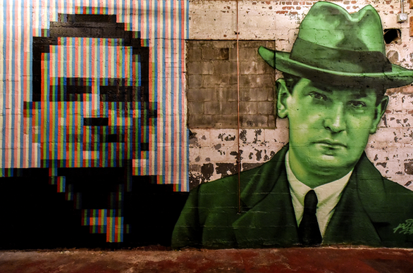 Left, Commisioned piece of Bono, painted in a subpixel style using only Reds Greens and Blues (RGB). Right, Michael Collins, a key leader in the early 20th Century struggle for independence in Ireland. Painted in shades of Green, the colour most associated with Ireland. By Aches. @achesdub