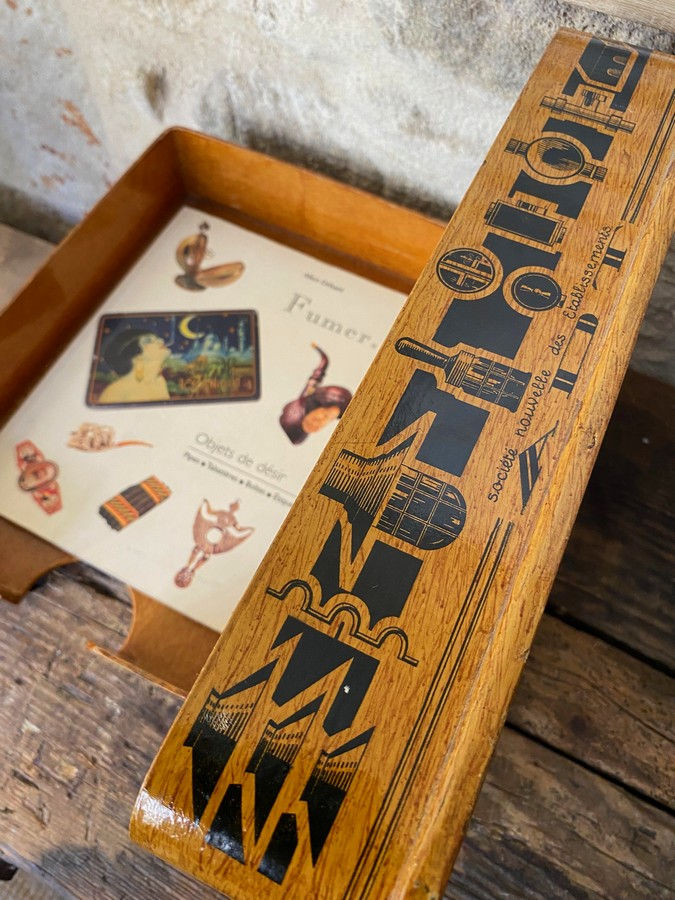 Thumbnail: Paire de bannettes de bureau ADT – Bois verni décor publicitaire Art deco