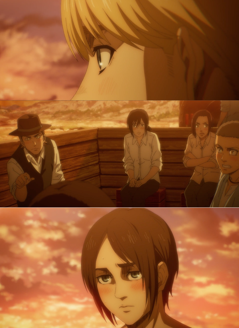 The original squad! Such a refreshing scene to see them blushing on Eren's regard of them.