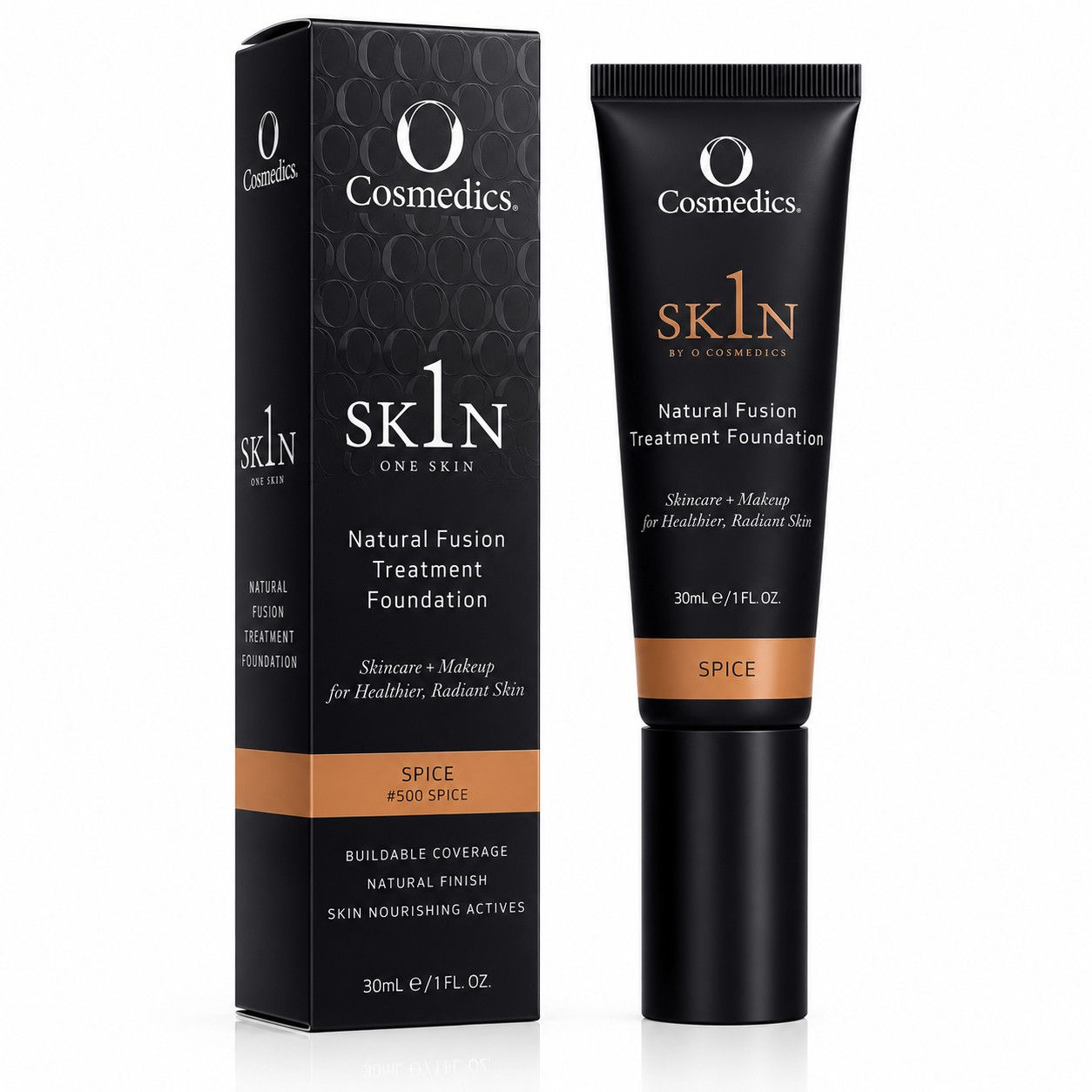 O Cosmedics 1SKIN Natural Fusion Treatment Foundation in Spice with retail box, skincare foundation for buildable coverage