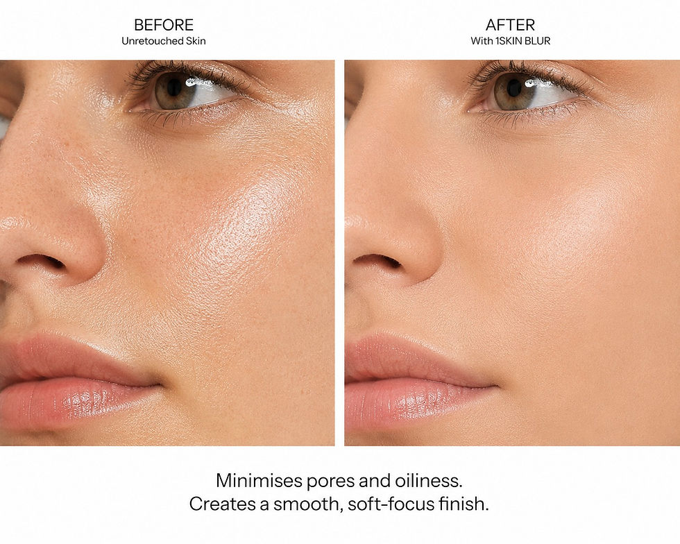 Before and after comparison showing the soft-focus effect of 1SKIN Blur Powder, helping reduce the appearance of pores and excess shine.