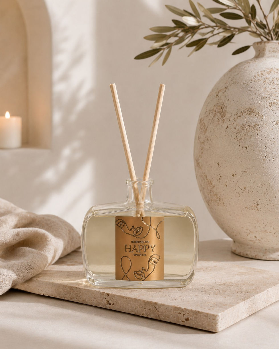 Ginger & Me Happy 350mL reed diffuser styled in a minimalist home with neutral décor for a calming and relaxing ambience