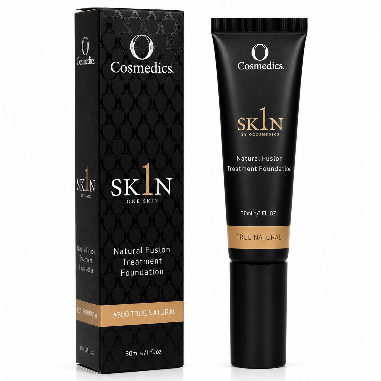 O Cosmedics 1SKIN Natural Fusion Treatment Foundation True Natural 30ml with premium packaging on a white background