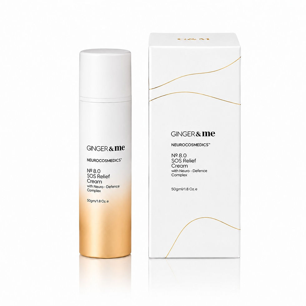Ginger & Me SOS Relief Cream with Neuro-Defence Complex and retail packaging for calming dry, sensitive and compromised skin
