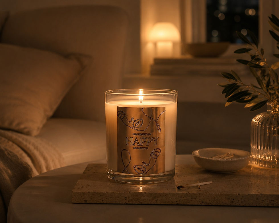 Thumbnail: Ginger & Me Happy soy candle glowing in a cozy evening setting with warm ambient light for a relaxing home atmosphere
