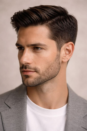Man with clean cut hair stares to the side. He is a clean-cut beard, a grey blazer jacket and a white t-shirt