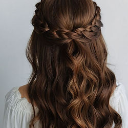 Girl with dark brown hair with a braid and curls in her hair