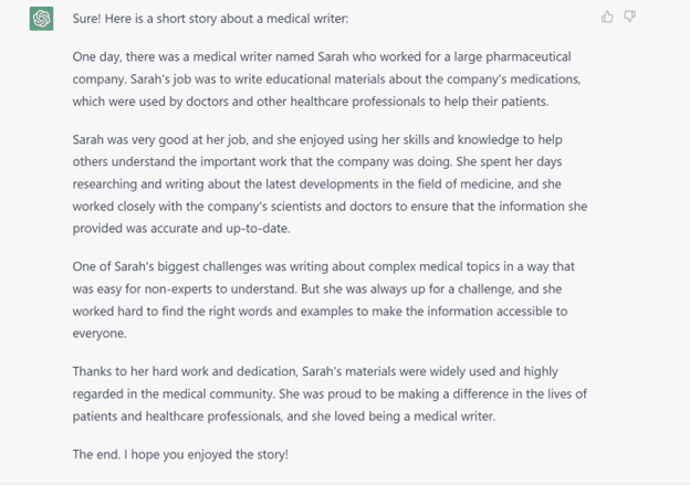 A ChatGPT output on a short story about a medical writer.