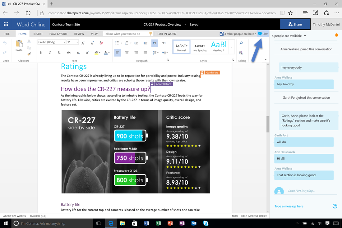 Screenshot of a Word document indicating the chat function for co-authoring