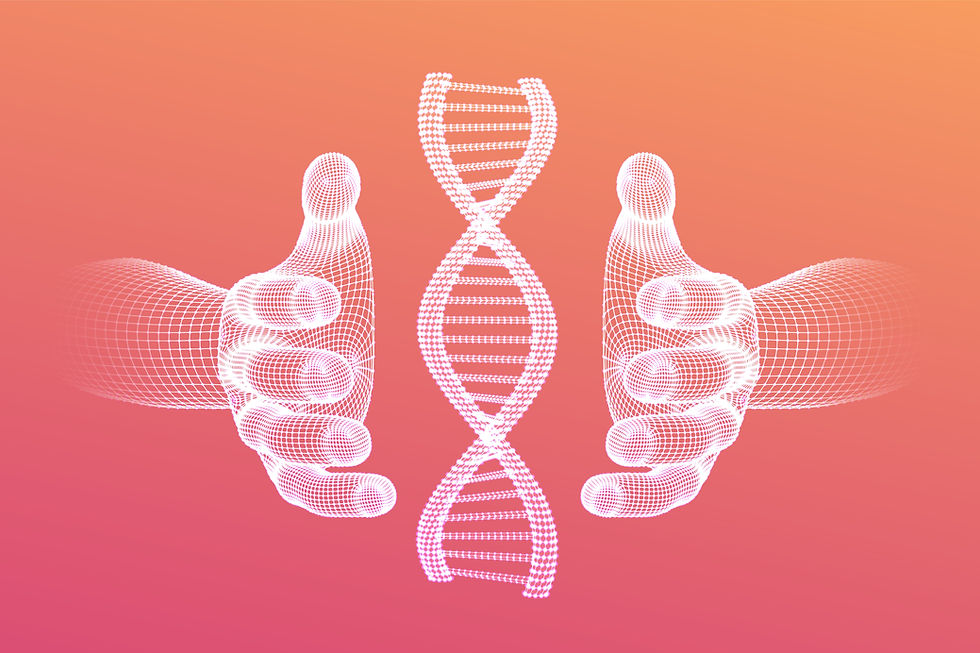 Digital illustration of DNA strand between two protective wireframe hands, symbolizing ethical considerations in genetic testing and data privacy.