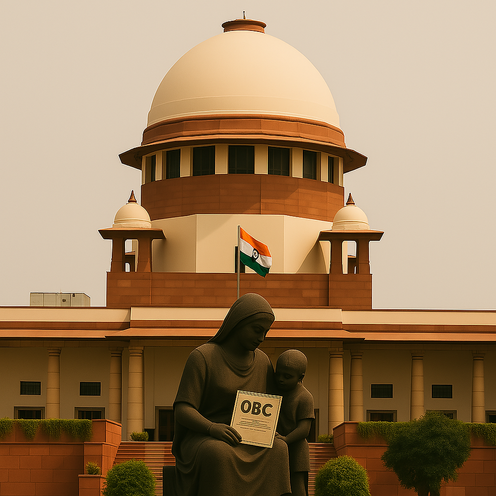Statue of a single mother holding an OBC certificate with her child in front of the Supreme Court of India, highlighting the Court's consideration of guidelines for issuing OBC certificates without paternal documents.