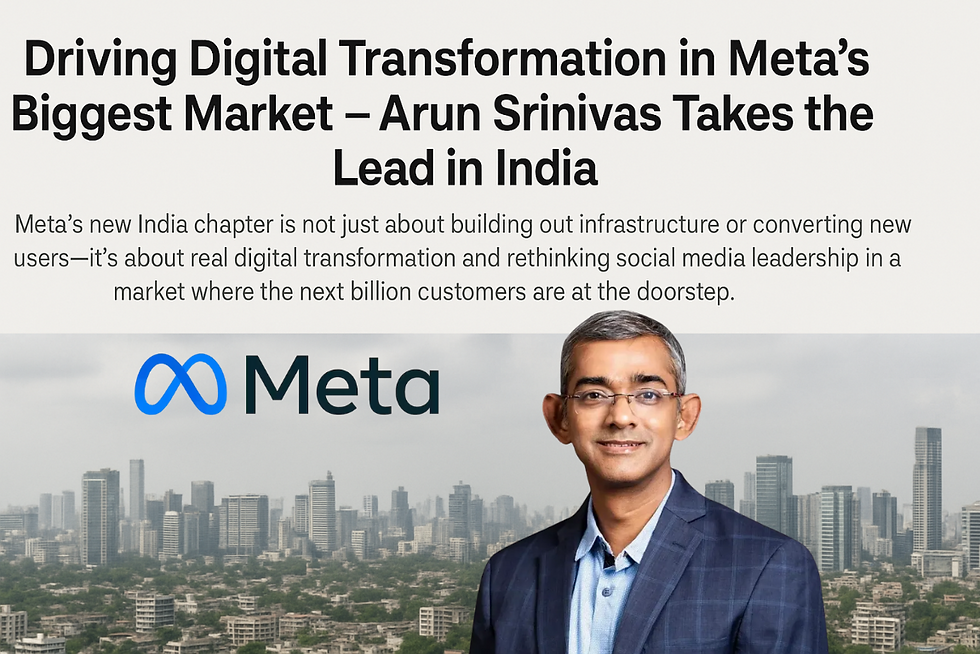Portrait of Arun Srinivas with an Indian cityscape in the background, representing his leadership role in driving Meta’s digital transformation in India.