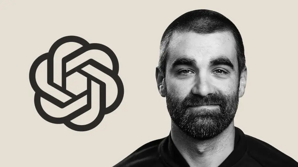 A grayscale image showing the OpenAI logo on the left and a portrait of Michael Tabtabai with short hair and a beard, wearing a dark shirt against a light beige background.
