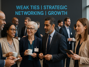 Business professionals connecting through weak ties at a board-level networking event.