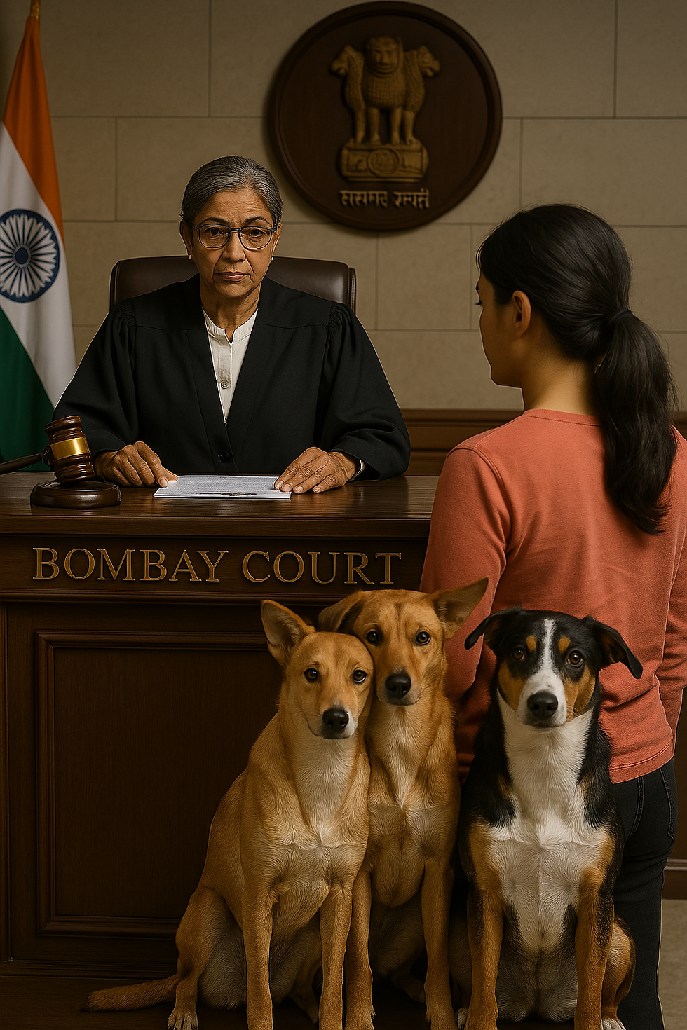 A woman in an Indian courtroom receives a legal document, flanked by her two dogs symbolizing support for animal companions in judicial rulings.