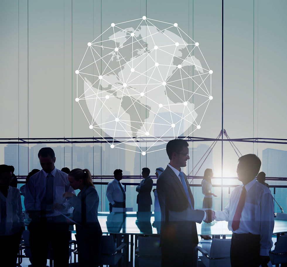 Global business professionals networking and shaking hands in a modern office, with a digital world map overlay symbolizing India’s growing role in Global Business Services (GBS) and Global Capability Centers (GCCs).