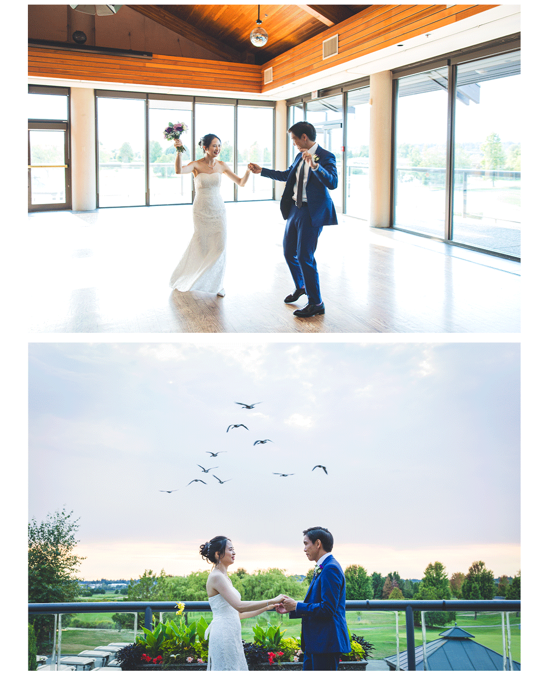 Newlyweds sharing a heartfelt first dance as their loved ones look on, a cherished moment from their Vancouver wedding reception at Northview Golf Club.
