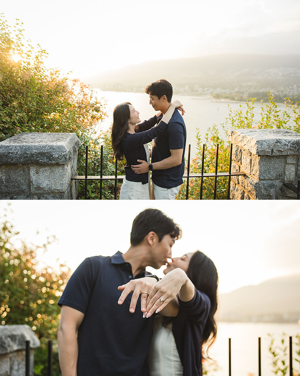 Stanley Park engagement photos Vancouver couple embracing at sunset with engagement