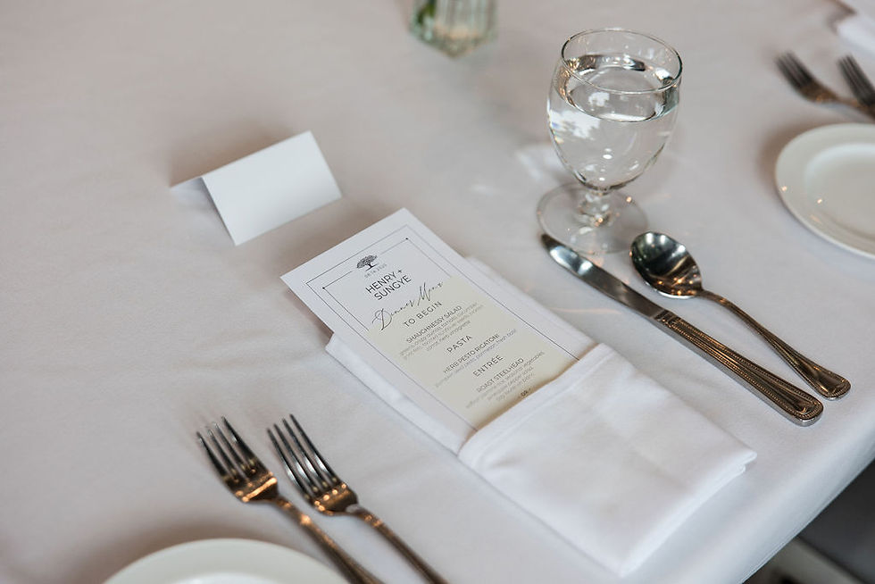 Elegant table setting with menu, utensils, and a glass on a white tablecloth. A card and silverware create a formal dining ambiance at VanDusen Botanical Garden Wedding and Shaughnessy Restaurant wedding