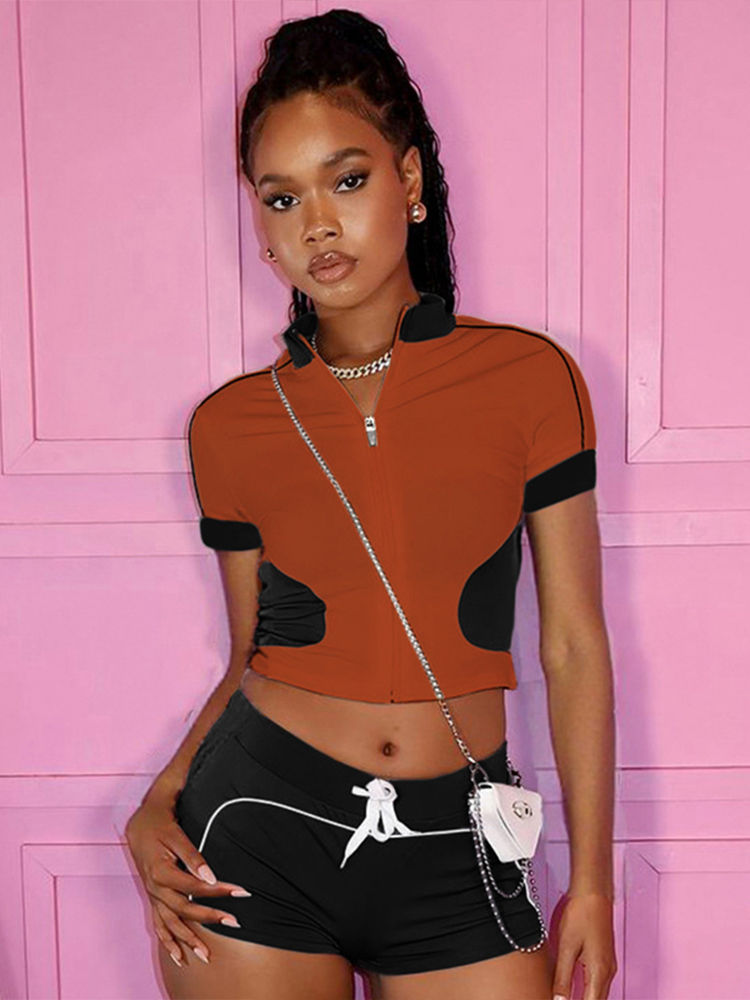 Miniatyrbild: Weird Puss Summer 2Piece Set Tracksuit Women Zip Patchwork Shorts Sleeve Crop To