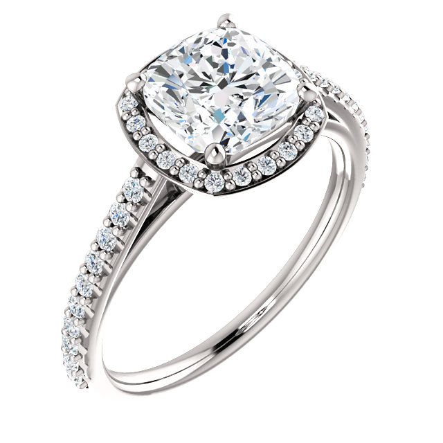 14K White 7mm Cushion Halo-Style Engagement Ring