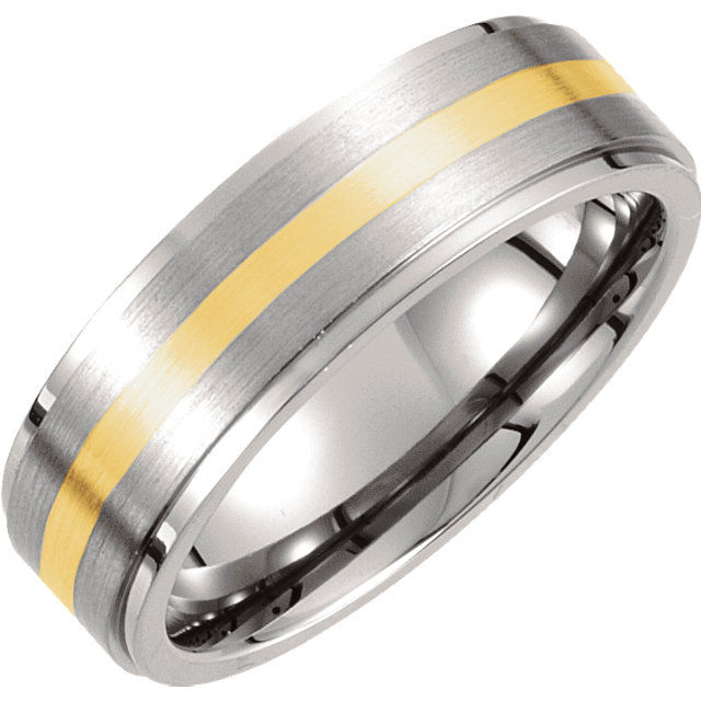 Titanium & 14K Yellow Inlay 7mm Ridged & Satin Finished Band